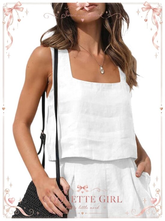 Tops - Linen Crop Top Sleeveless Square Neck Loose Tank Top Summer Casual